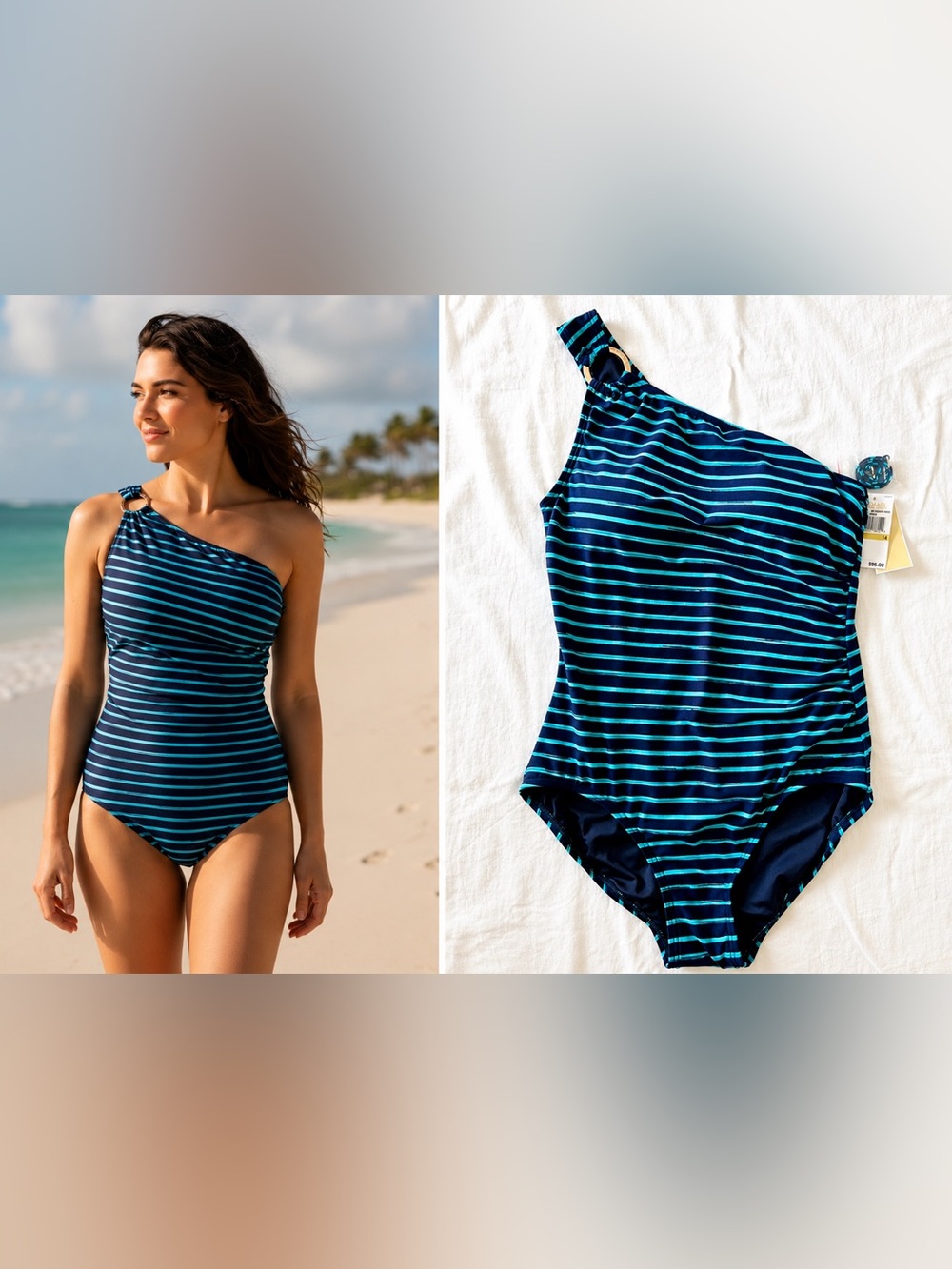 NWT Michael Kors One Shoulder Swimsuit Size 14 Turquoise Striped One Piece Swim